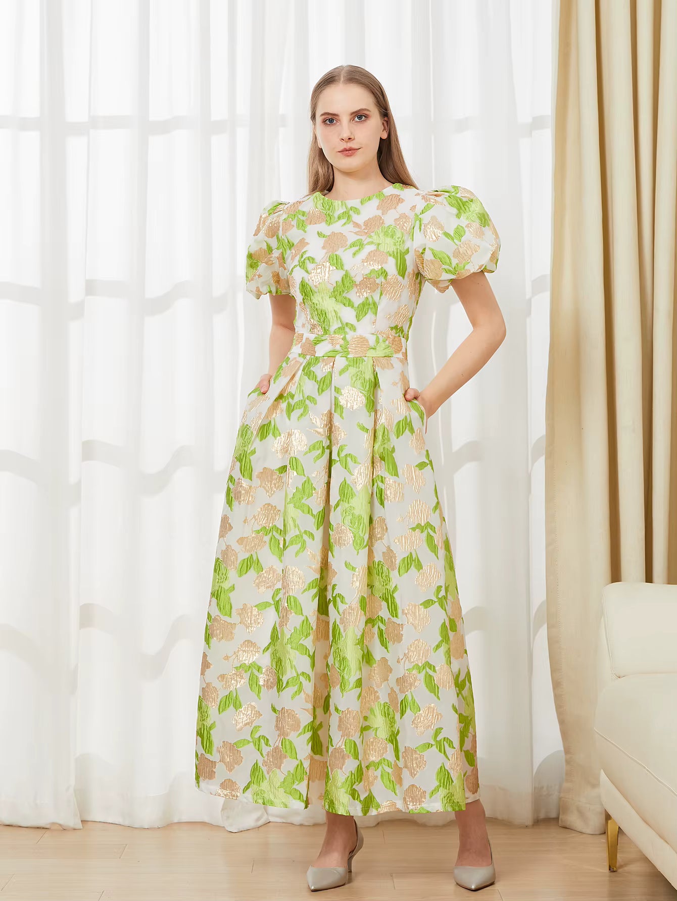 Elegant Puff Sleeve Embroidery Jacquard Princess Party Maxi Dress