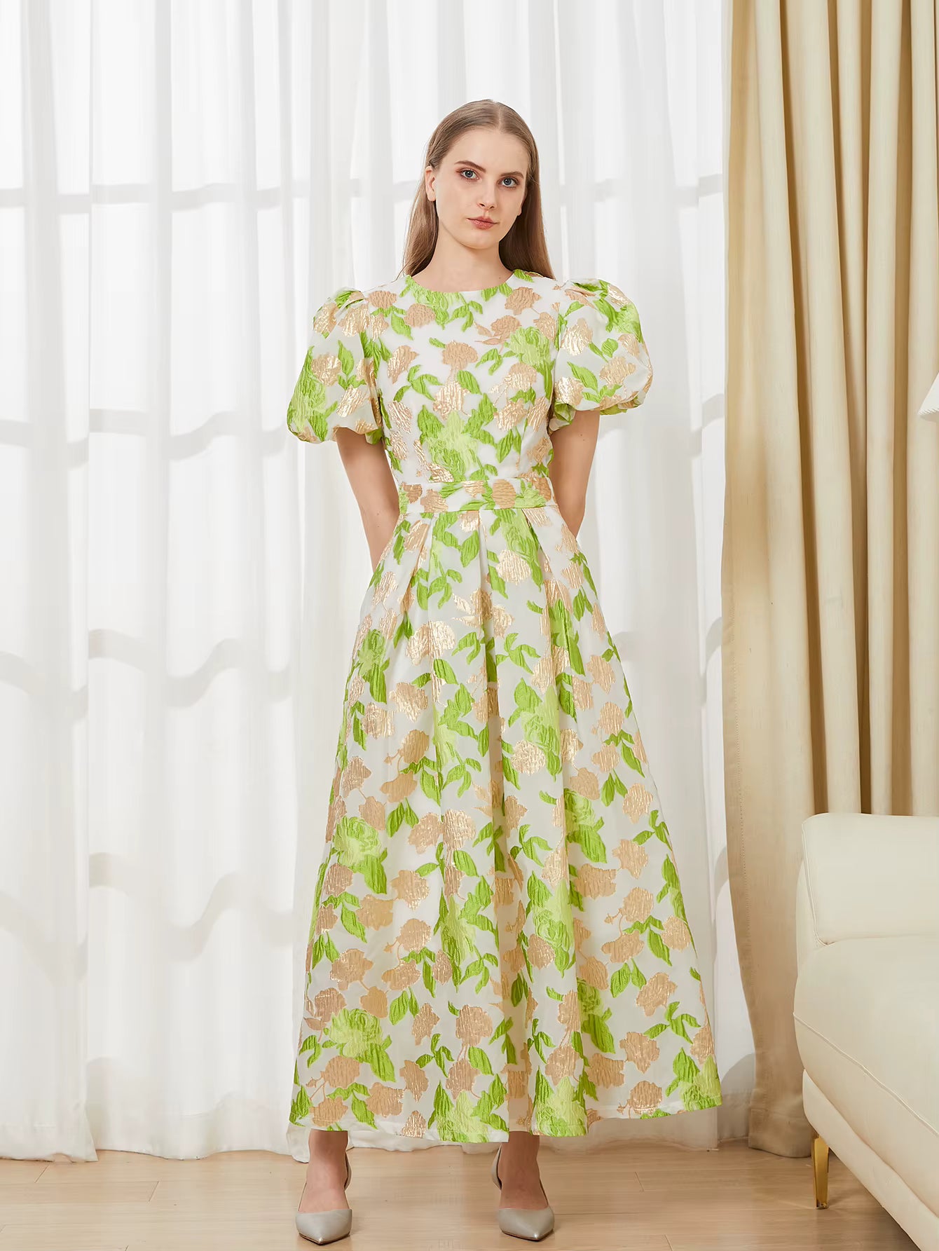 Elegant Puff Sleeve Embroidery Jacquard Princess Party Maxi Dress