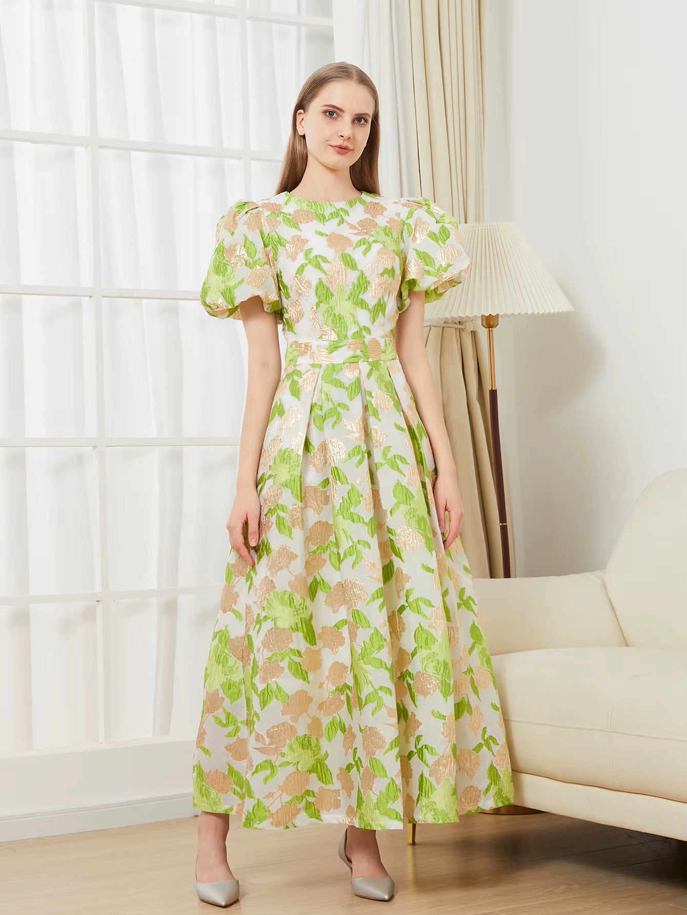 Elegant Puff Sleeve Embroidery Jacquard Princess Party Maxi Dress
