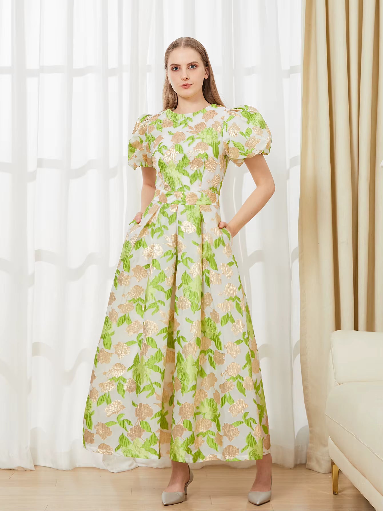 Elegant Puff Sleeve Embroidery Jacquard Princess Party Maxi Dress