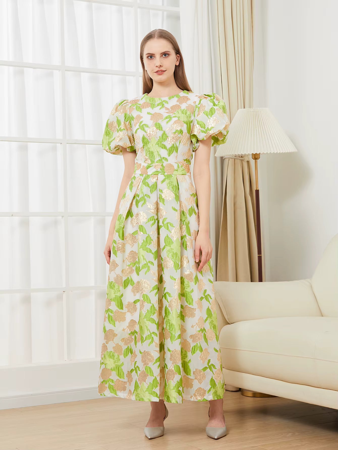 Elegant Puff Sleeve Embroidery Jacquard Princess Party Maxi Dress