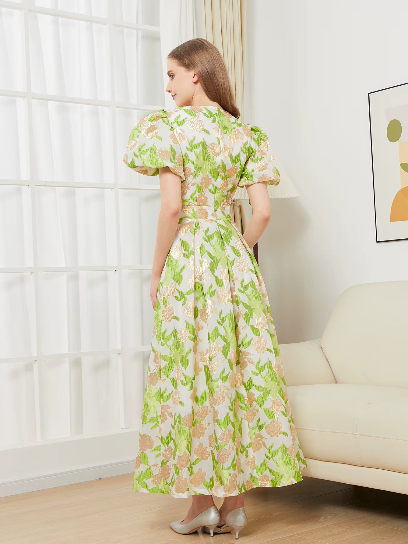 Elegant Puff Sleeve Embroidery Jacquard Princess Party Maxi Dress