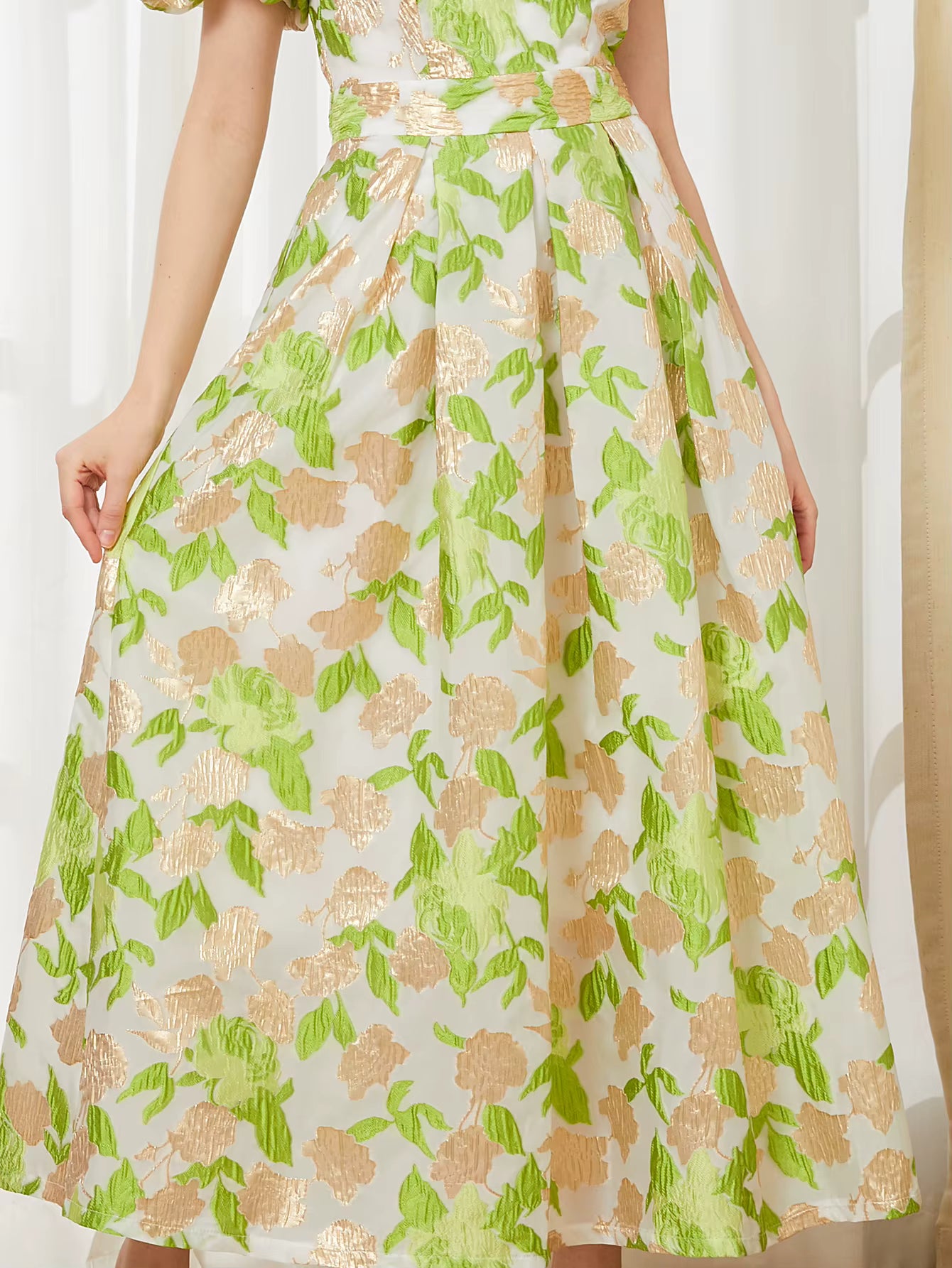 Elegant Puff Sleeve Embroidery Jacquard Princess Party Maxi Dress