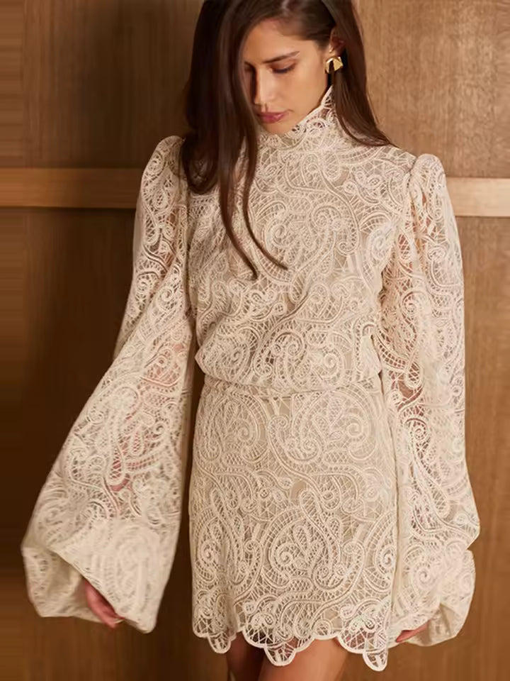 Elegant Puff Sleeve Lace Turtleneck Hollow Out Perspective Tops Irregular Hem Lace Short Skirt Loose Sets