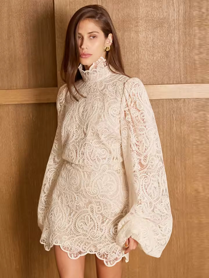 Elegant Puff Sleeve Lace Turtleneck Hollow Out Perspective Tops Irregular Hem Lace Short Skirt Loose Sets