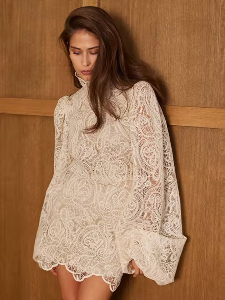 Elegant Puff Sleeve Lace Turtleneck Hollow Out Perspective Tops Irregular Hem Lace Short Skirt Loose Sets