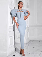Elegant Puff Sleeve Lace-up Long Bodycon Maxi Dress