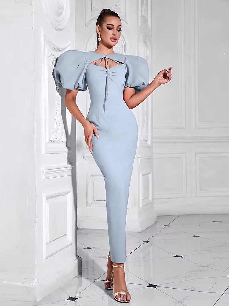 Elegant Puff Sleeve Lace-up Long Bodycon Maxi Dress