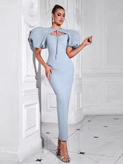 Elegant Puff Sleeve Lace-up Long Bodycon Maxi Dress