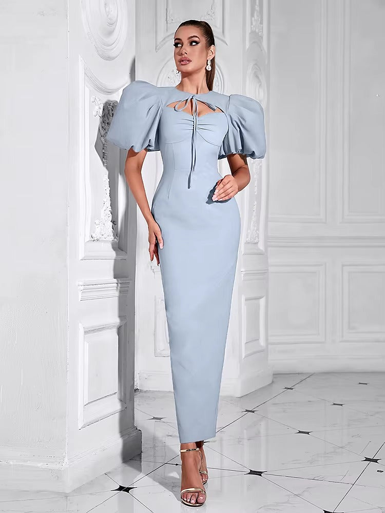 Elegant Puff Sleeve Lace-up Long Bodycon Maxi Dress