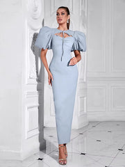 Elegant Puff Sleeve Lace-up Long Bodycon Maxi Dress