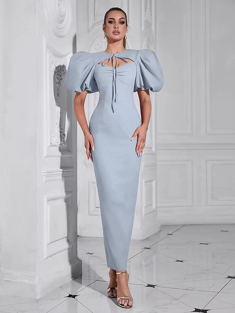 Elegant Puff Sleeve Lace-up Long Bodycon Maxi Dress