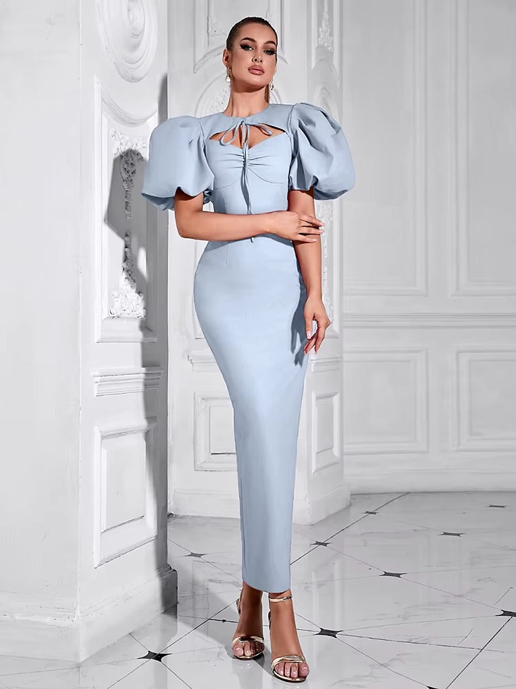 Elegant Puff Sleeve Lace-up Long Bodycon Maxi Dress