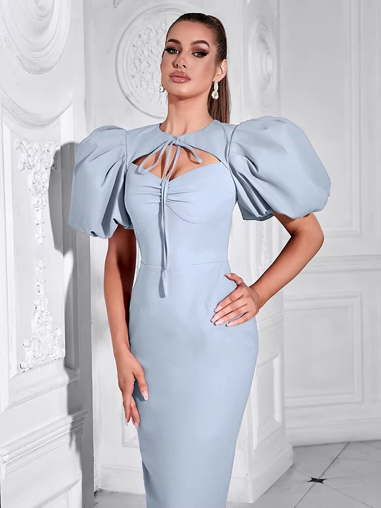 Elegant Puff Sleeve Lace-up Long Bodycon Maxi Dress