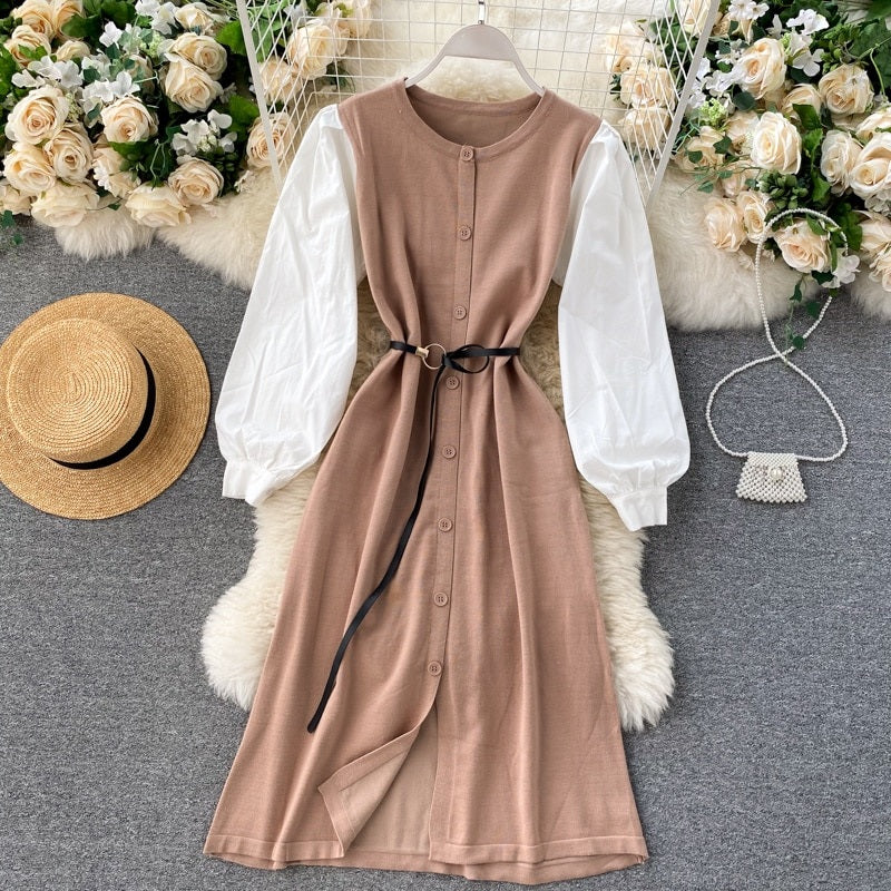 Elegant Puff Sleeve O Neck Button A-Line Knitted  Dresses