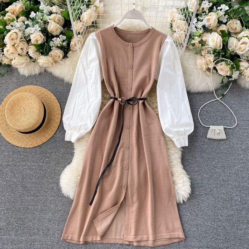 Elegant Puff Sleeve O Neck Button A-Line Knitted  Dresses