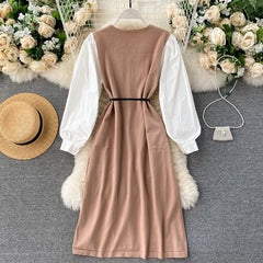 Elegant Puff Sleeve O Neck Button A-Line Knitted  Dresses