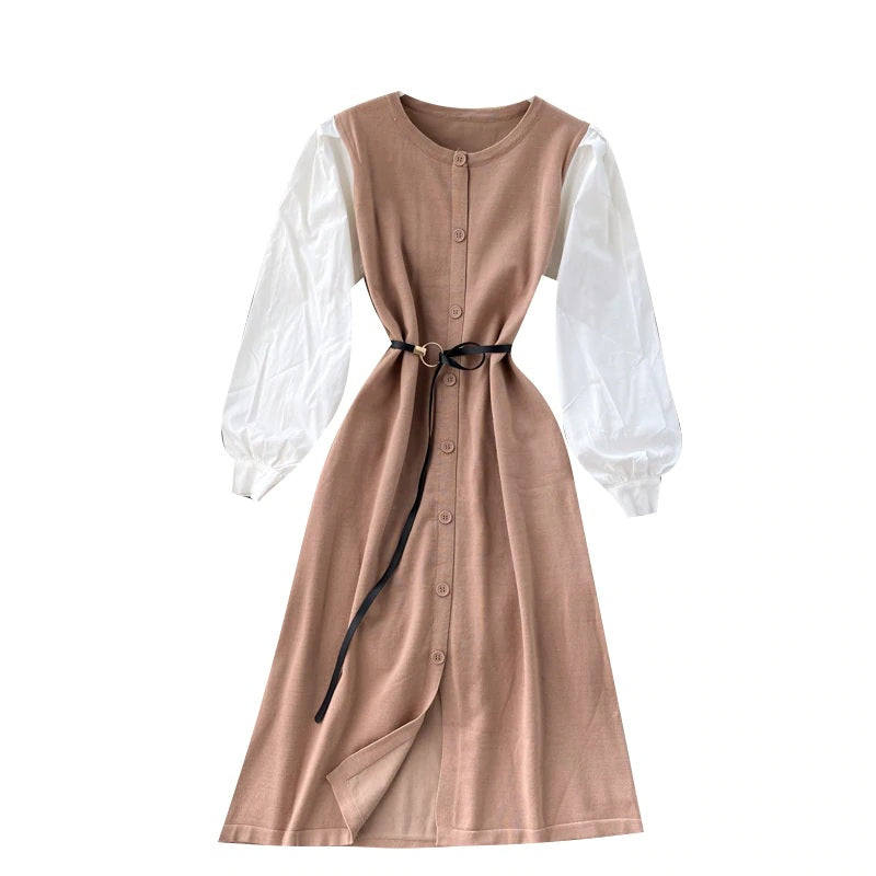 Elegant Puff Sleeve O Neck Button A-Line Knitted  Dresses