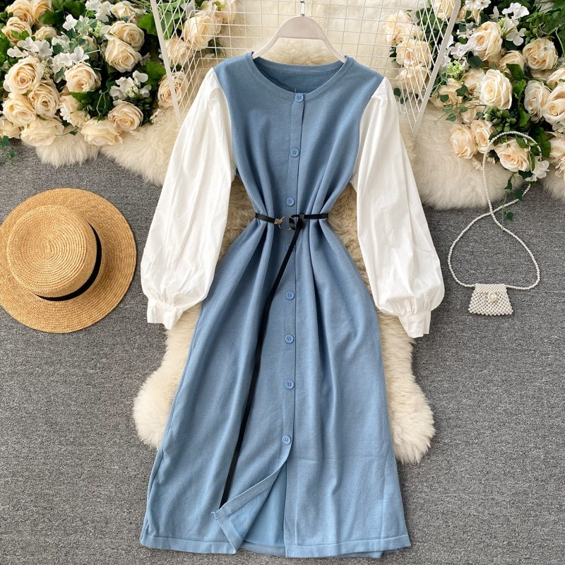 Elegant Puff Sleeve O Neck Button A-Line Knitted  Dresses