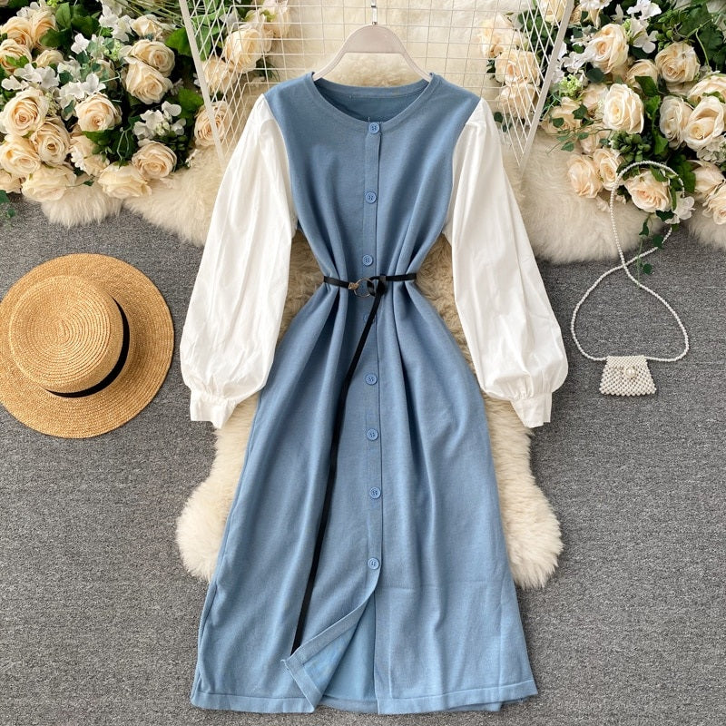 Elegant Puff Sleeve O Neck Button A-Line Knitted  Dresses