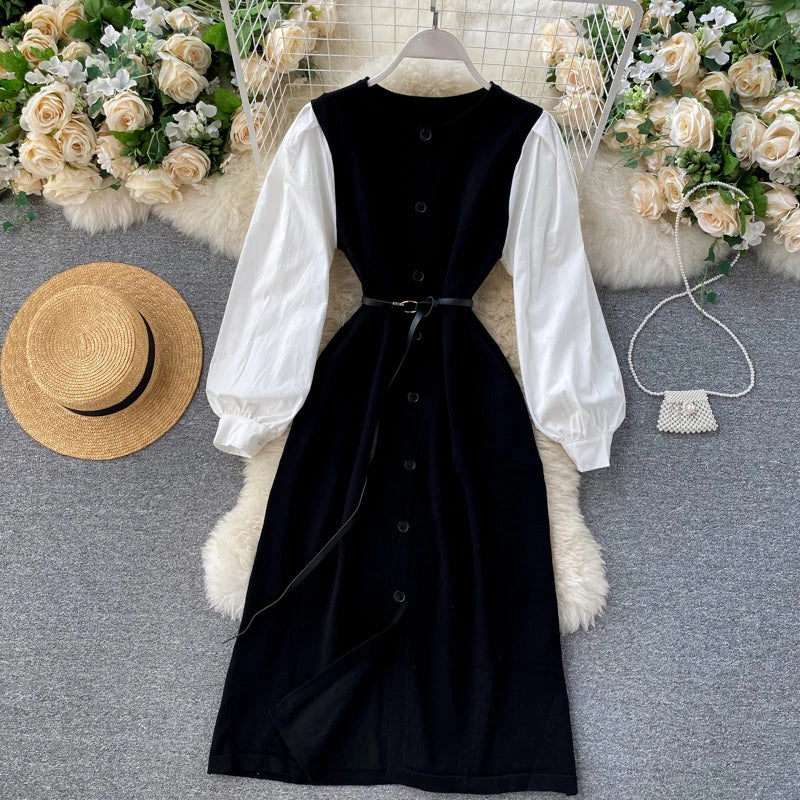 Elegant Puff Sleeve O Neck Button A-Line Knitted  Dresses