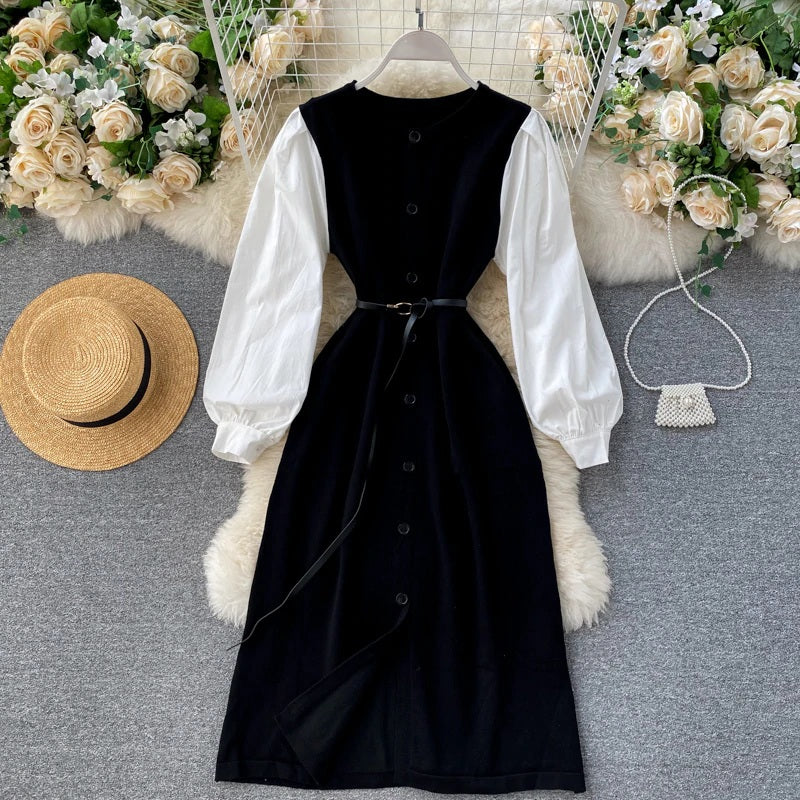 Elegant Puff Sleeve O Neck Button A-Line Knitted  Dresses