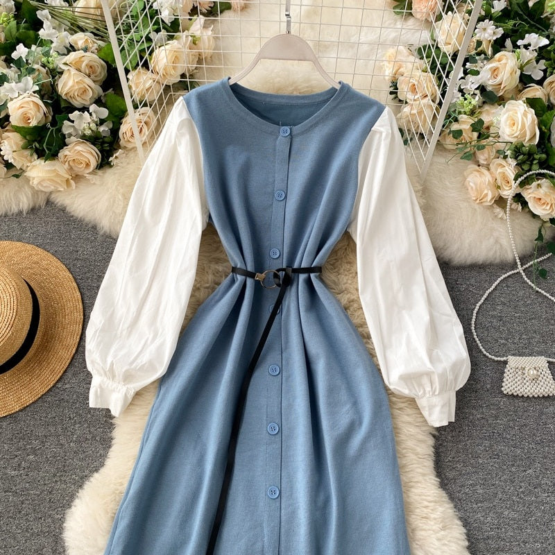 Elegant Puff Sleeve O Neck Button A-Line Knitted  Dresses