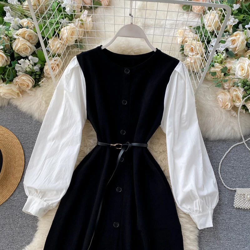 Elegant Puff Sleeve O Neck Button A-Line Knitted  Dresses