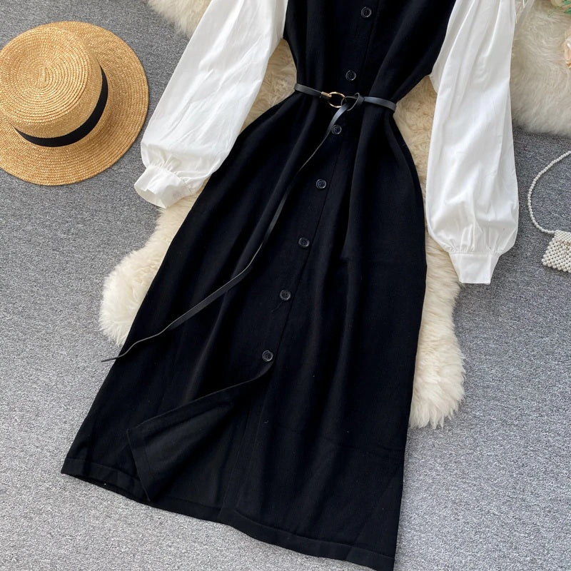 Elegant Puff Sleeve O Neck Button A-Line Knitted  Dresses