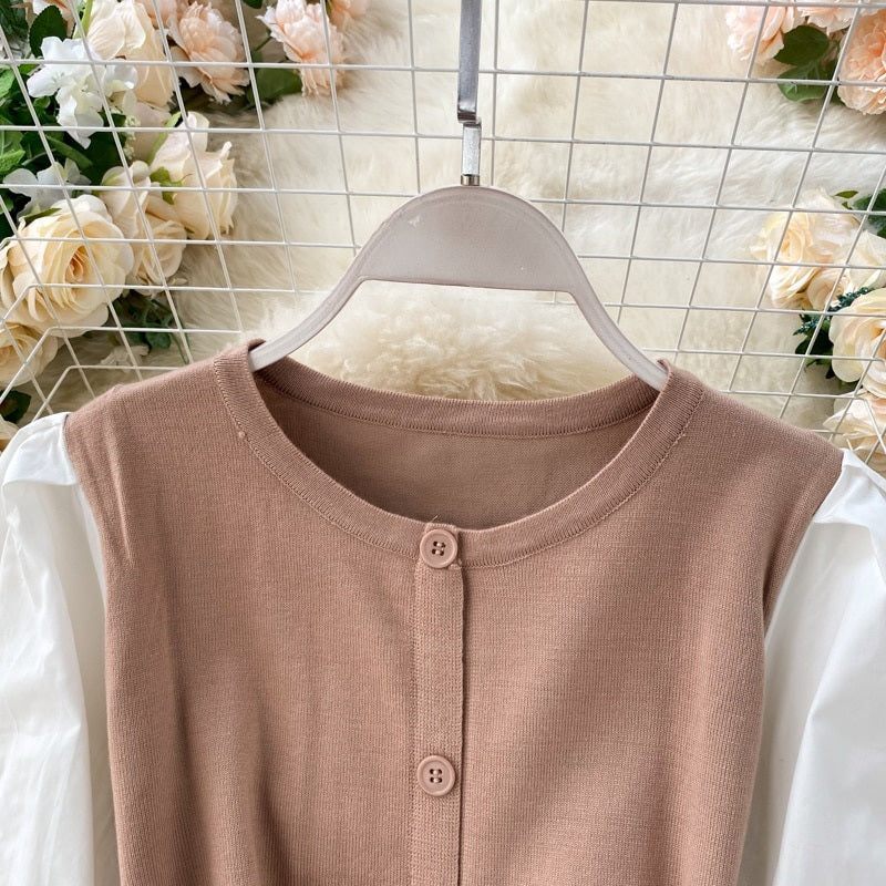 Elegant Puff Sleeve O Neck Button A-Line Knitted  Dresses