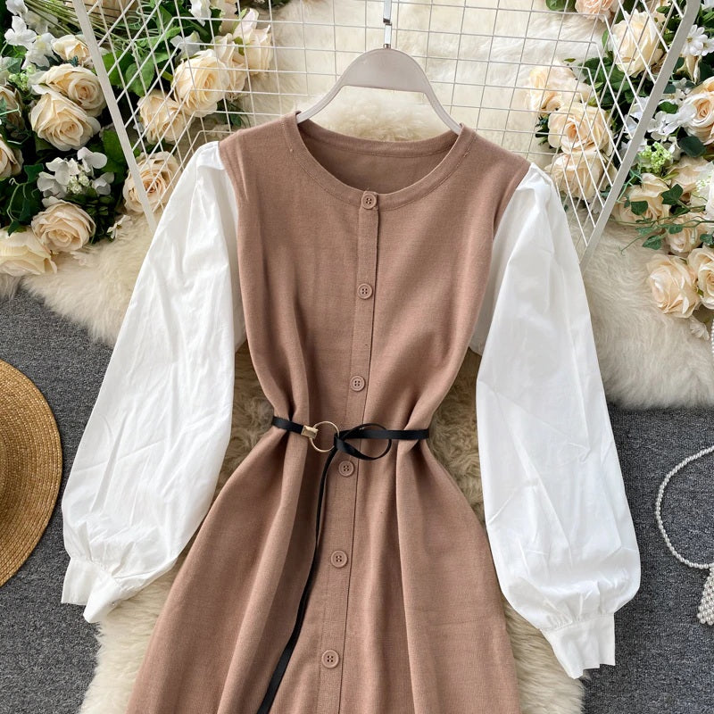 Elegant Puff Sleeve O Neck Button A-Line Knitted  Dresses