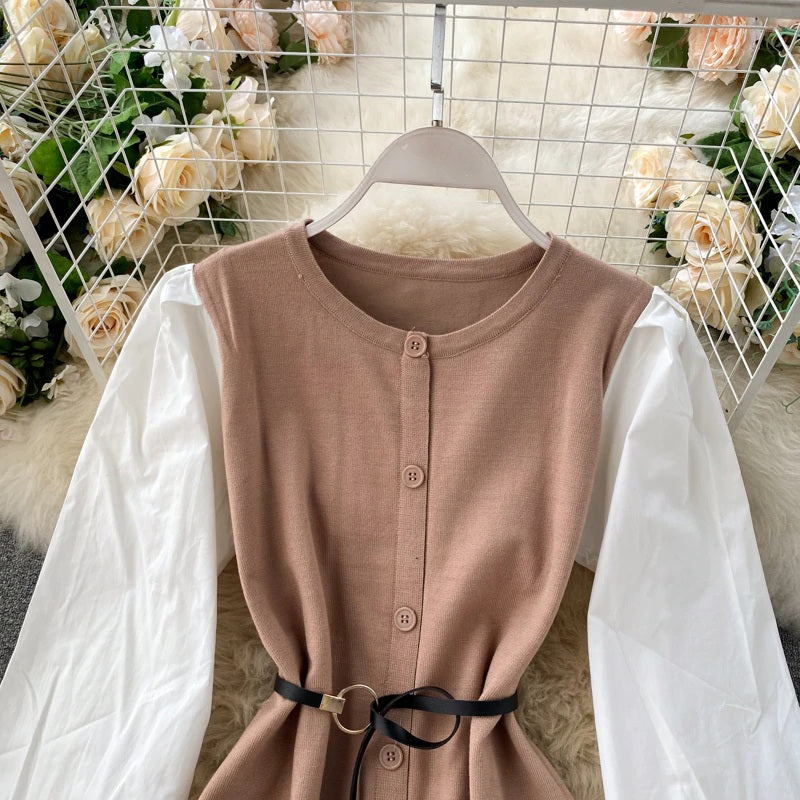 Elegant Puff Sleeve O Neck Button A-Line Knitted  Dresses