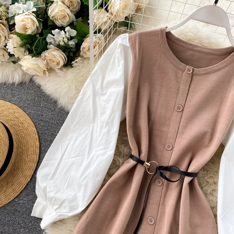 Elegant Puff Sleeve O Neck Button A-Line Knitted  Dresses