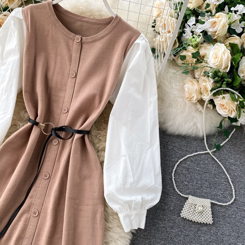 Elegant Puff Sleeve O Neck Button A-Line Knitted  Dresses