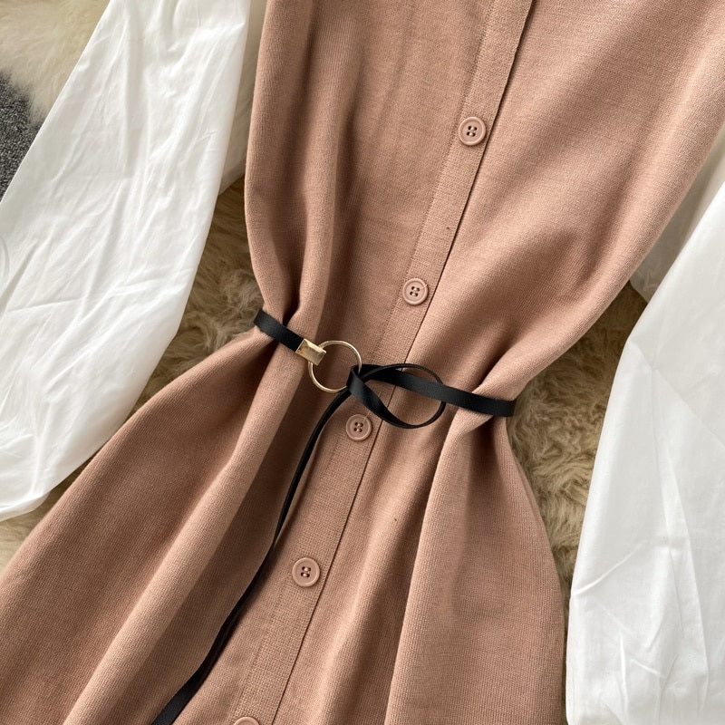 Elegant Puff Sleeve O Neck Button A-Line Knitted  Dresses