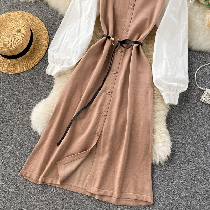 Elegant Puff Sleeve O Neck Button A-Line Knitted  Dresses