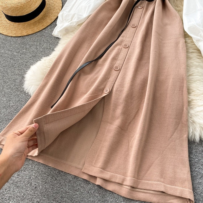 Elegant Puff Sleeve O Neck Button A-Line Knitted  Dresses