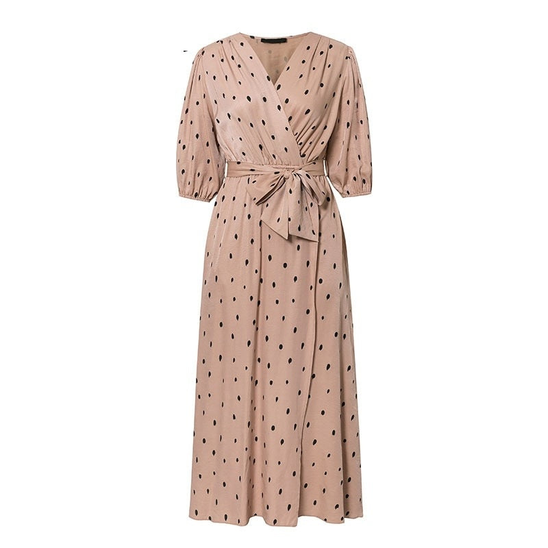 Elegant Puff Sleeve Polka Dot V Neck Sash Dresses
