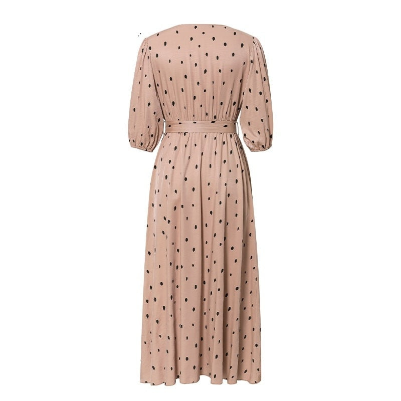 Elegant Puff Sleeve Polka Dot V Neck Sash Dresses