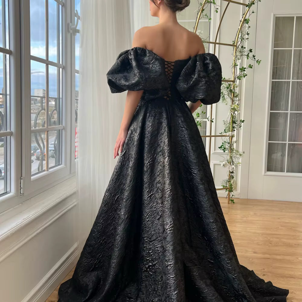 Elegant Puff Sleeve Side Slit Robes Floor-Length A-line Maxi Dress
