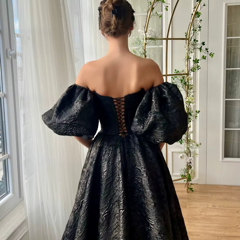 Elegant Puff Sleeve Side Slit Robes Floor-Length A-line Maxi Dress