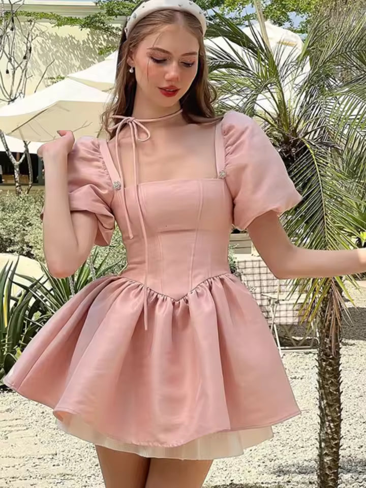 Elegant Puff Sleeve Square Collar Ruffles Satin Princess Mini Dress
