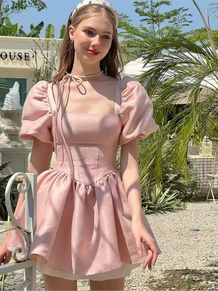 Elegant Puff Sleeve Square Collar Ruffles Satin Princess Mini Dress
