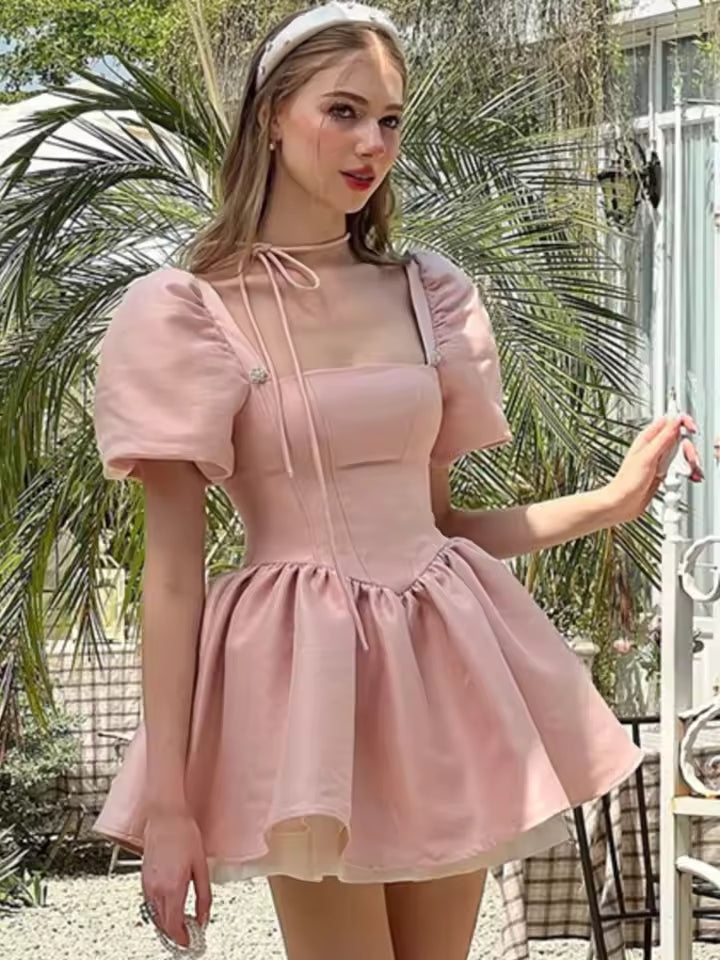 Elegant Puff Sleeve Square Collar Ruffles Satin Princess Mini Dress