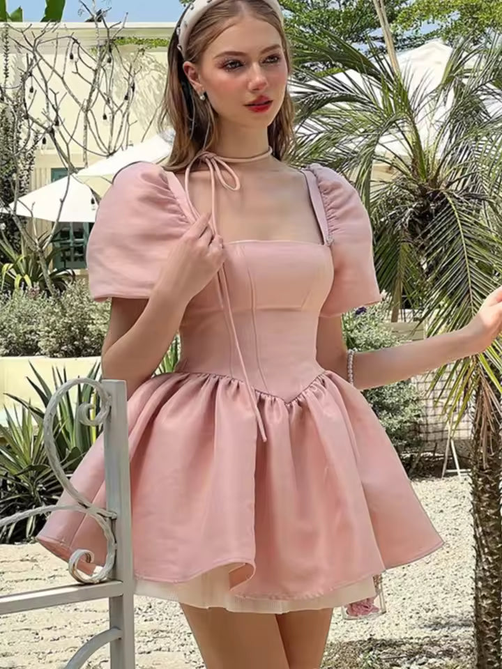 Elegant Puff Sleeve Square Collar Ruffles Satin Princess Mini Dress