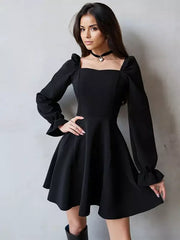 Elegant Puff Sleeve Square Neck A-line Mini Skater Dress