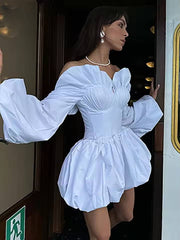Elegant Puff Sleeve Strapless Bandage Top And Pleated Mini Skirts 2 Pieces Set