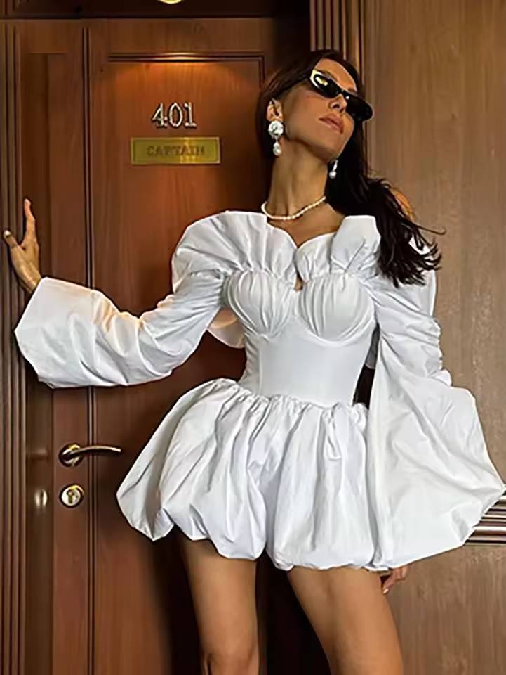 Elegant Puff Sleeve Strapless Bandage Top And Pleated Mini Skirts 2 Pieces Set