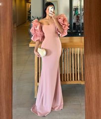 Elegant Puff Sleeve Strapless Mermaid Chiffon Side Slit Floor-Length Maxi Dress