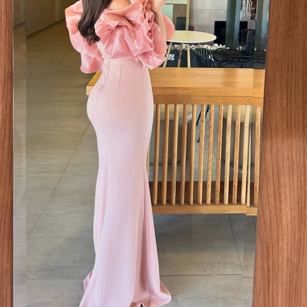 Elegant Puff Sleeve Strapless Mermaid Chiffon Side Slit Floor-Length Maxi Dress